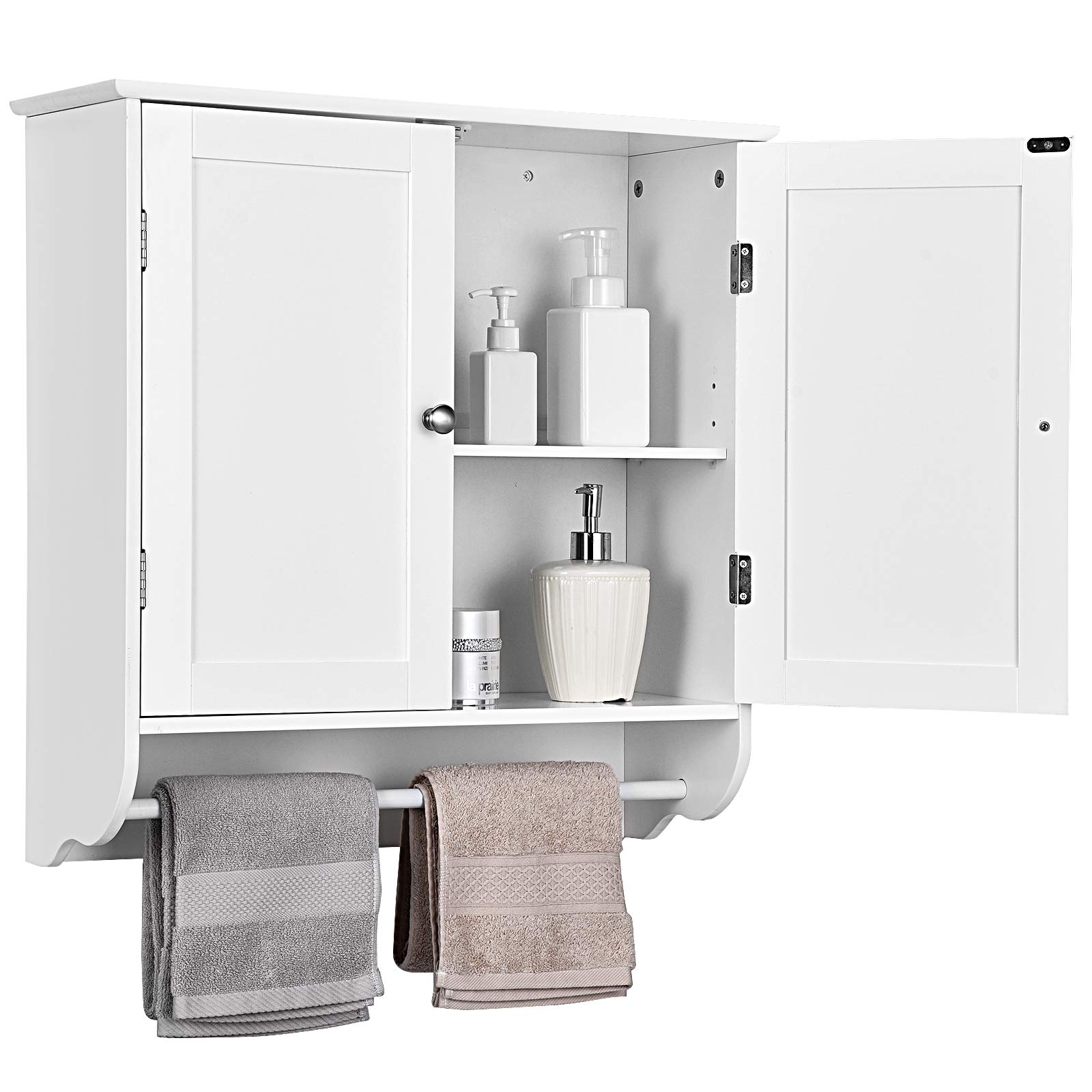 Meuble de Rangement Mural pour Salle de Bain Tangkula, Armoire de Toilette avec Barre Porte-Serviettes, Double Porte et Étagère Réglable